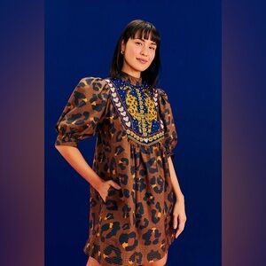 NWT Farm Rio Caramel Leopard Mini Dress Beaded Heart details XS